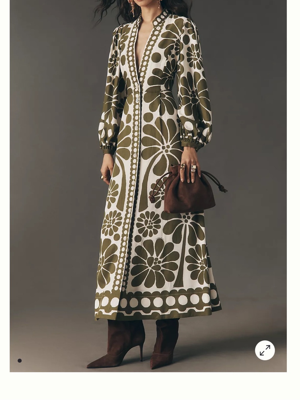 FARM Rio Olive & White Floral Maxi Dress with Balloon Sleeves